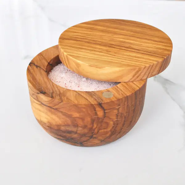 Olive Wood Salt Cellar with Pivoting Magnetic Lid