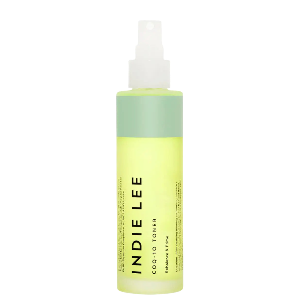 Indie Lee CoQ-10 Toner – a clean beauty, alcohol-free hydrating mist with CoQ-10, chamomile, and hyaluronic acid in a sleek green and yellow bottle.
