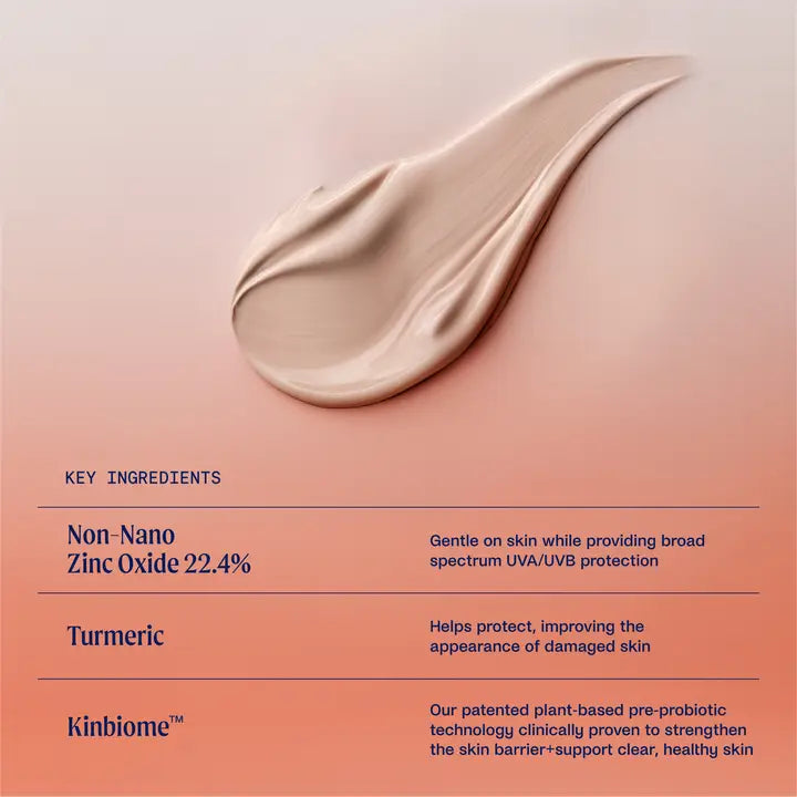 Mineral sunscreen key ingredients and swatch – sheer, lightweight finish