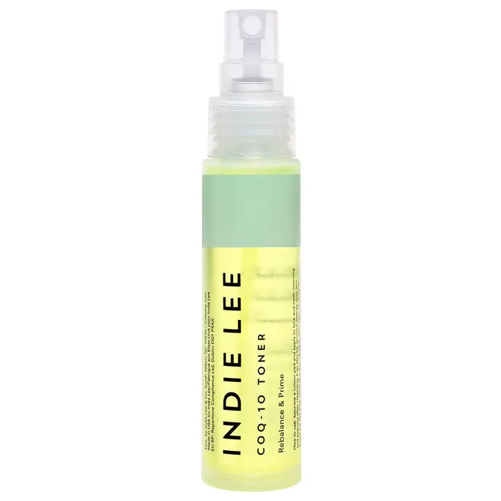 Indie Lee CoQ-10 Travel Toner – a clean beauty, alcohol-free hydrating mist with CoQ-10, chamomile, and hyaluronic acid in a sleek green and yellow bottle.